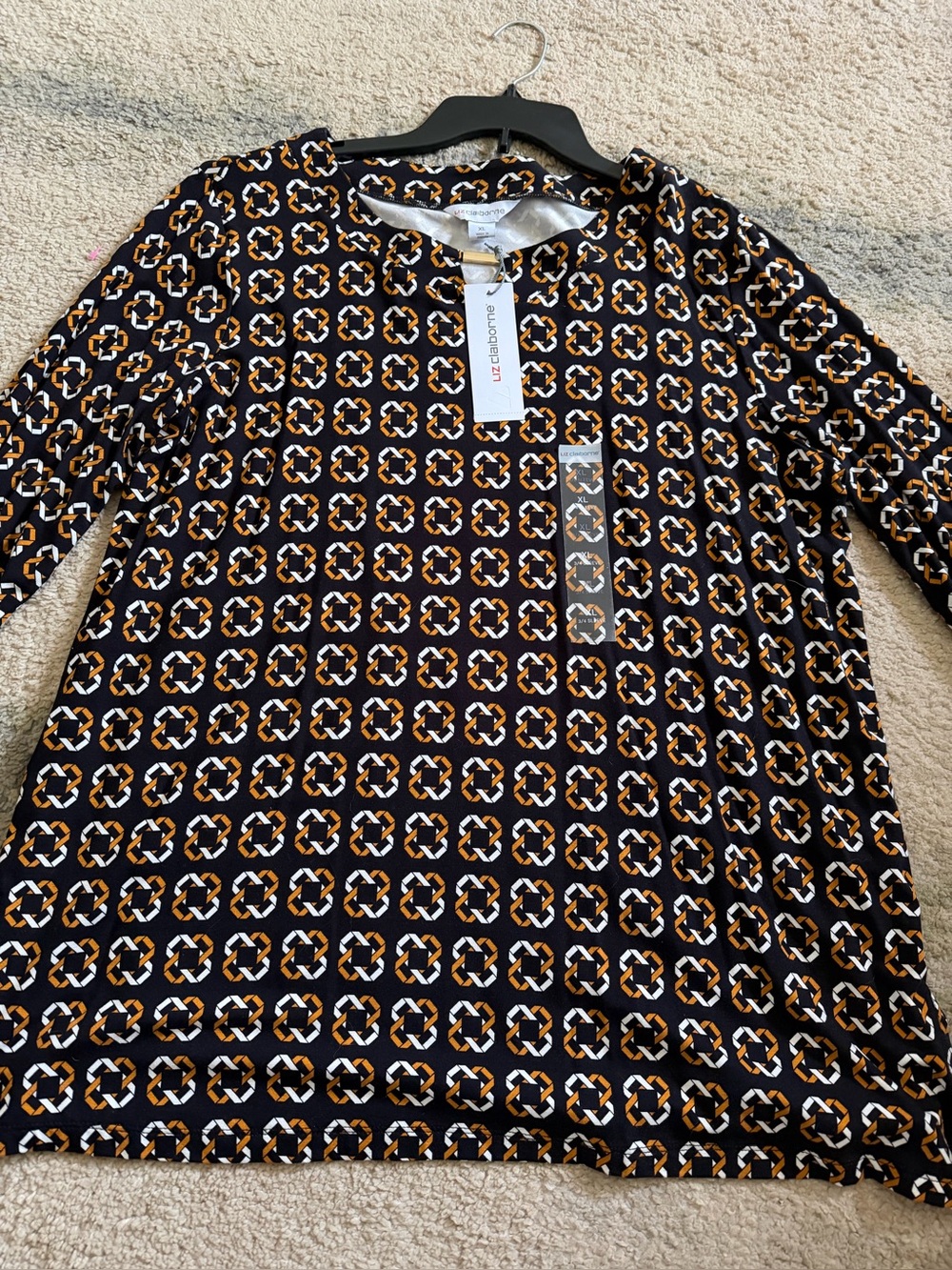 WOMENS LIZ CLAIBORNE BLACK GOLD WHITE TOP 3/4 SLEEVES SIZE XL NWT